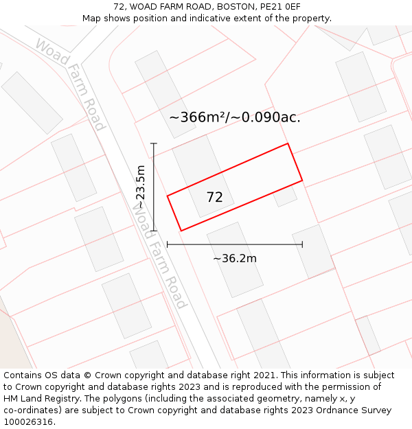 72, WOAD FARM ROAD, BOSTON, PE21 0EF: Plot and title map