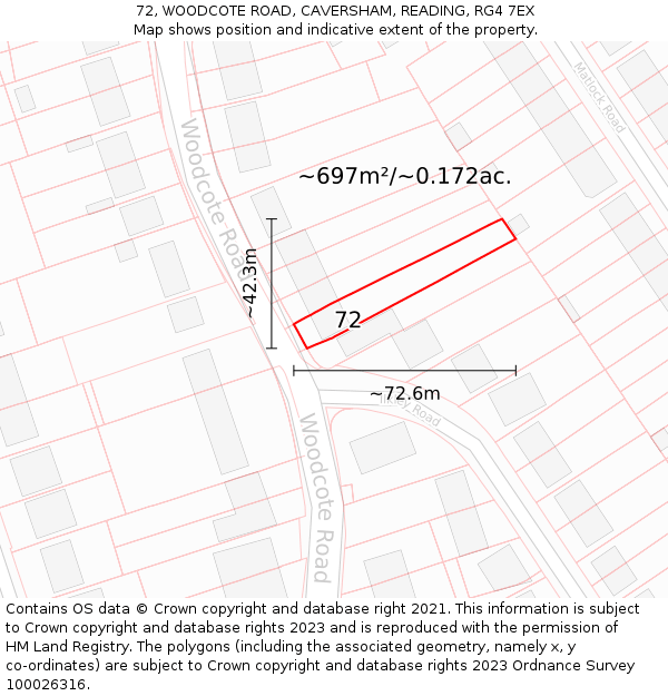 72, WOODCOTE ROAD, CAVERSHAM, READING, RG4 7EX: Plot and title map