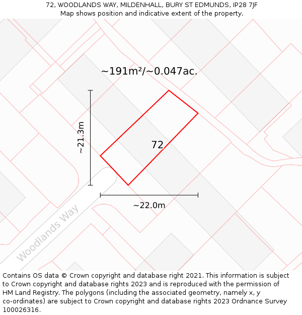72, WOODLANDS WAY, MILDENHALL, BURY ST EDMUNDS, IP28 7JF: Plot and title map
