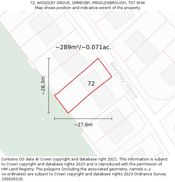 72, WOODLEY GROVE, ORMESBY, MIDDLESBROUGH, TS7 9HW: Plot and title map