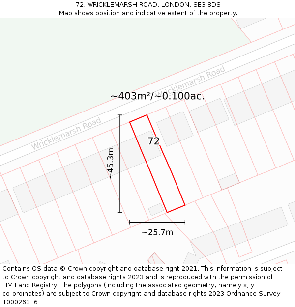 72, WRICKLEMARSH ROAD, LONDON, SE3 8DS: Plot and title map
