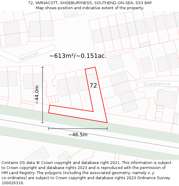 72, YARNACOTT, SHOEBURYNESS, SOUTHEND-ON-SEA, SS3 8AP: Plot and title map