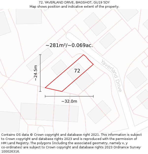 72, YAVERLAND DRIVE, BAGSHOT, GU19 5DY: Plot and title map