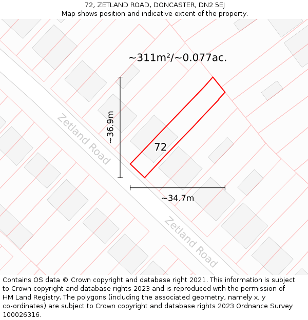 72, ZETLAND ROAD, DONCASTER, DN2 5EJ: Plot and title map