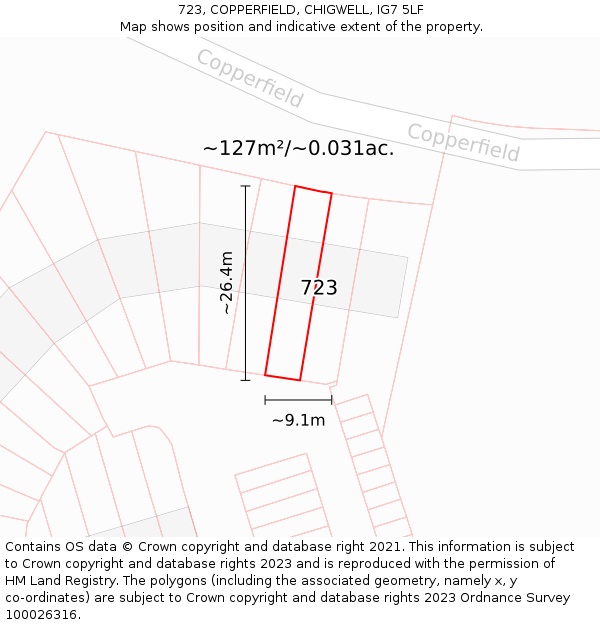 723, COPPERFIELD, CHIGWELL, IG7 5LF: Plot and title map
