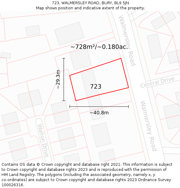 723, WALMERSLEY ROAD, BURY, BL9 5JN: Plot and title map
