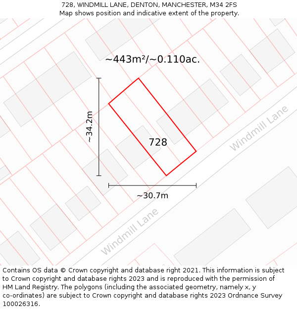 728, WINDMILL LANE, DENTON, MANCHESTER, M34 2FS: Plot and title map
