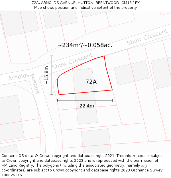 72A, ARNOLDS AVENUE, HUTTON, BRENTWOOD, CM13 1EX: Plot and title map