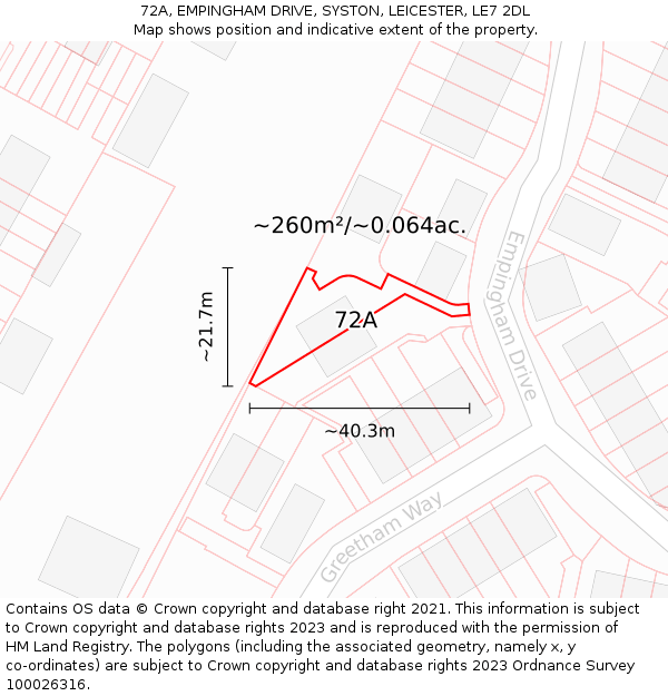 72A, EMPINGHAM DRIVE, SYSTON, LEICESTER, LE7 2DL: Plot and title map