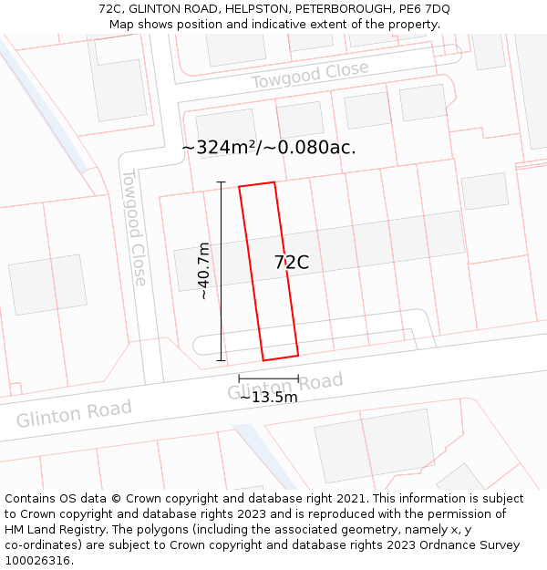 72C, GLINTON ROAD, HELPSTON, PETERBOROUGH, PE6 7DQ: Plot and title map
