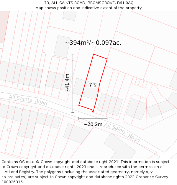 73, ALL SAINTS ROAD, BROMSGROVE, B61 0AQ: Plot and title map