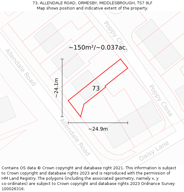 73, ALLENDALE ROAD, ORMESBY, MIDDLESBROUGH, TS7 9LF: Plot and title map