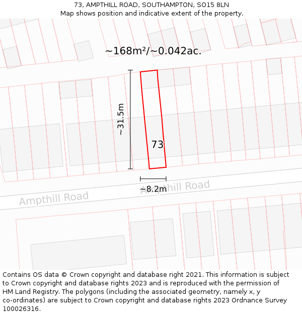 73, AMPTHILL ROAD, SOUTHAMPTON, SO15 8LN: Plot and title map