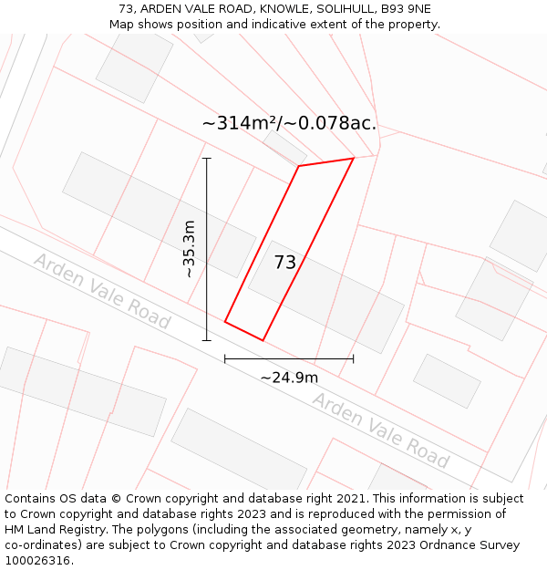 73, ARDEN VALE ROAD, KNOWLE, SOLIHULL, B93 9NE: Plot and title map