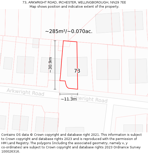 73, ARKWRIGHT ROAD, IRCHESTER, WELLINGBOROUGH, NN29 7EE: Plot and title map