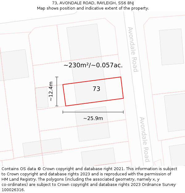 73, AVONDALE ROAD, RAYLEIGH, SS6 8NJ: Plot and title map