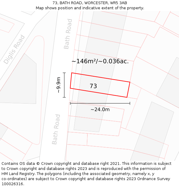 73, BATH ROAD, WORCESTER, WR5 3AB: Plot and title map