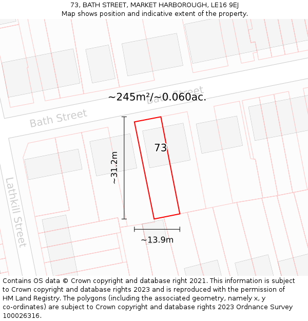 73, BATH STREET, MARKET HARBOROUGH, LE16 9EJ: Plot and title map