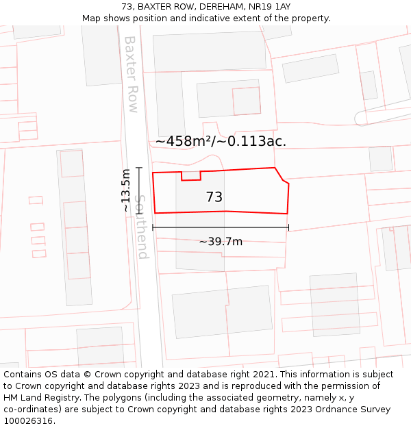 73, BAXTER ROW, DEREHAM, NR19 1AY: Plot and title map