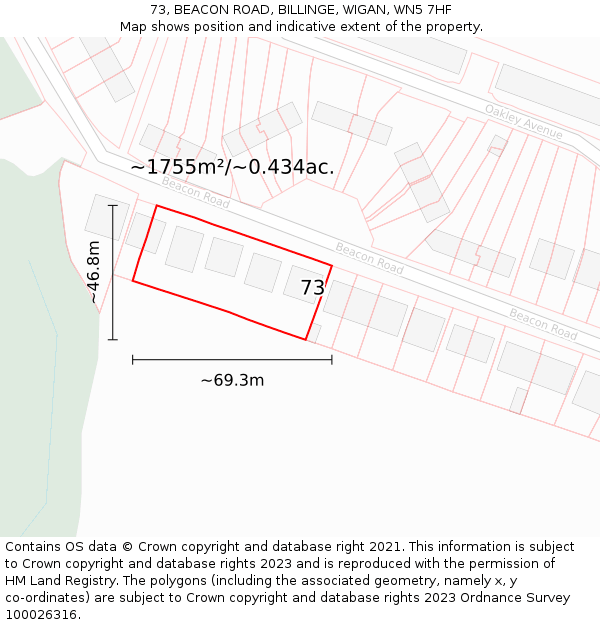 73, BEACON ROAD, BILLINGE, WIGAN, WN5 7HF: Plot and title map
