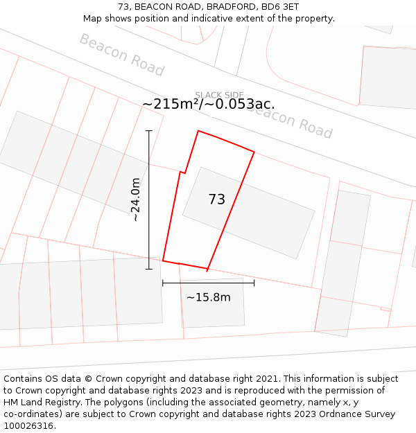 73, BEACON ROAD, BRADFORD, BD6 3ET: Plot and title map