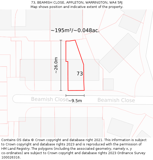 73, BEAMISH CLOSE, APPLETON, WARRINGTON, WA4 5RJ: Plot and title map