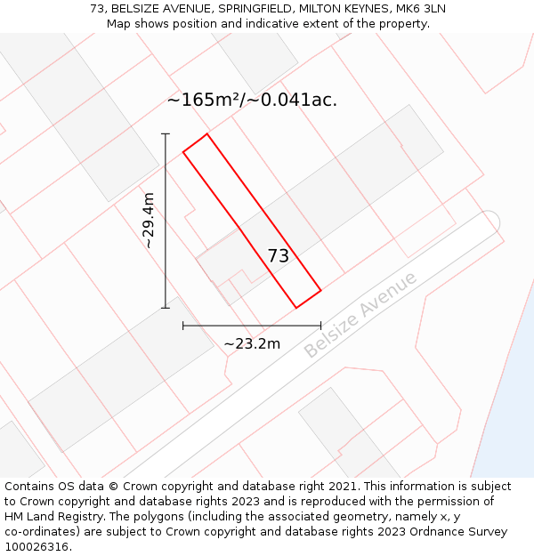 73, BELSIZE AVENUE, SPRINGFIELD, MILTON KEYNES, MK6 3LN: Plot and title map