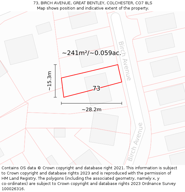 73, BIRCH AVENUE, GREAT BENTLEY, COLCHESTER, CO7 8LS: Plot and title map