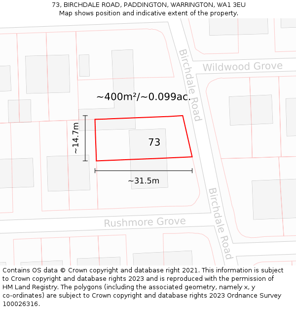 73, BIRCHDALE ROAD, PADDINGTON, WARRINGTON, WA1 3EU: Plot and title map