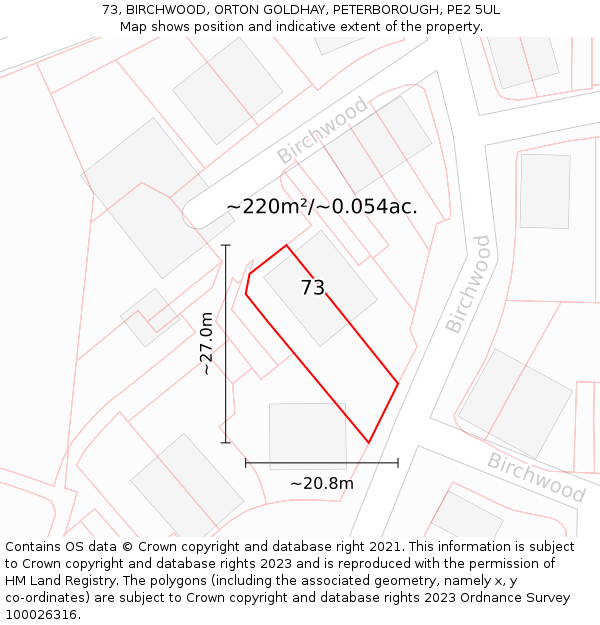 73, BIRCHWOOD, ORTON GOLDHAY, PETERBOROUGH, PE2 5UL: Plot and title map