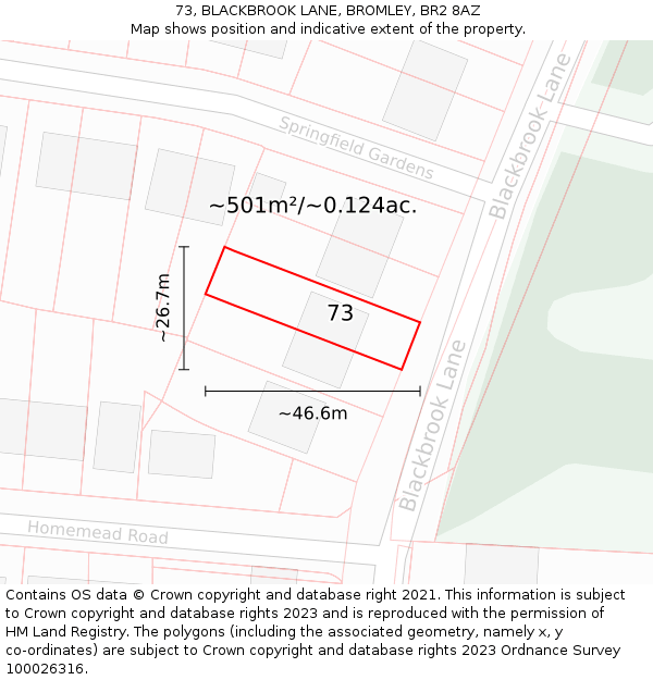 73, BLACKBROOK LANE, BROMLEY, BR2 8AZ: Plot and title map