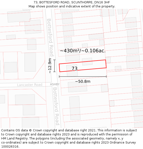 73, BOTTESFORD ROAD, SCUNTHORPE, DN16 3HF: Plot and title map
