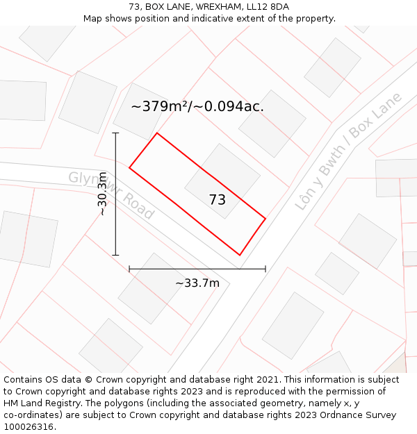 73, BOX LANE, WREXHAM, LL12 8DA: Plot and title map