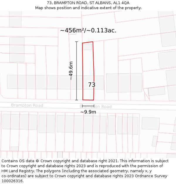 73, BRAMPTON ROAD, ST ALBANS, AL1 4QA: Plot and title map