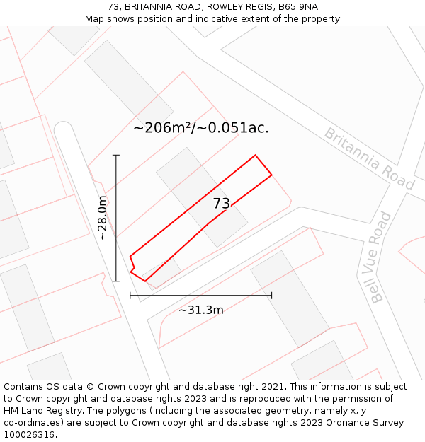73, BRITANNIA ROAD, ROWLEY REGIS, B65 9NA: Plot and title map