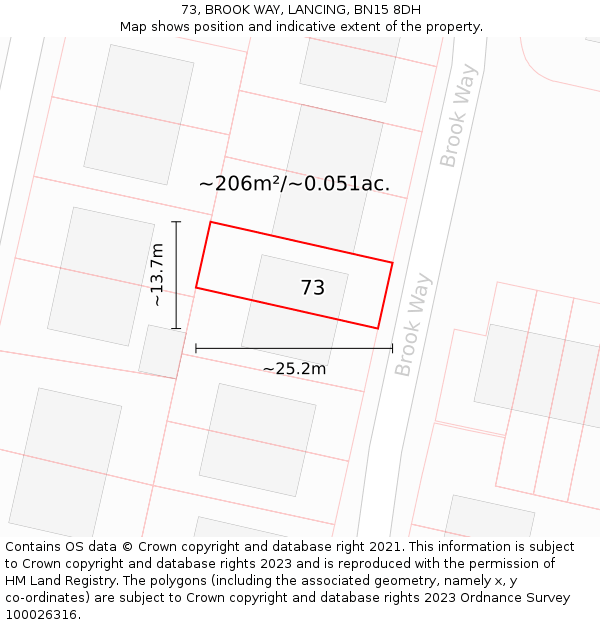 73, BROOK WAY, LANCING, BN15 8DH: Plot and title map