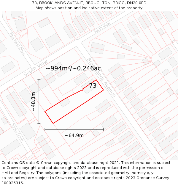 73, BROOKLANDS AVENUE, BROUGHTON, BRIGG, DN20 0ED: Plot and title map
