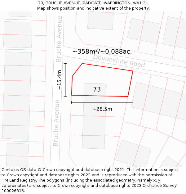 73, BRUCHE AVENUE, PADGATE, WARRINGTON, WA1 3JL: Plot and title map