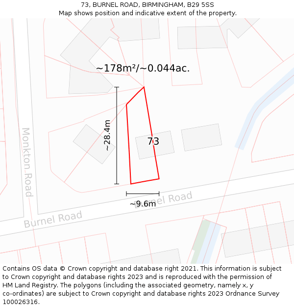 73, BURNEL ROAD, BIRMINGHAM, B29 5SS: Plot and title map