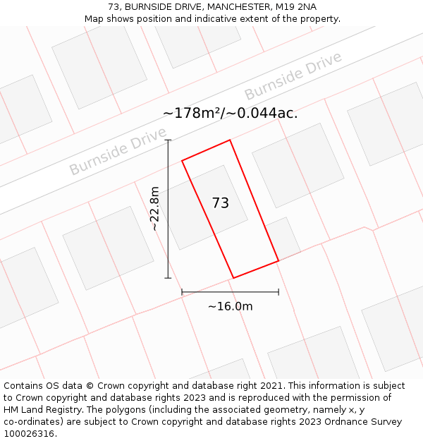 73, BURNSIDE DRIVE, MANCHESTER, M19 2NA: Plot and title map