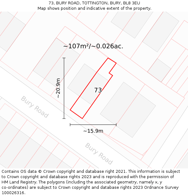 73, BURY ROAD, TOTTINGTON, BURY, BL8 3EU: Plot and title map