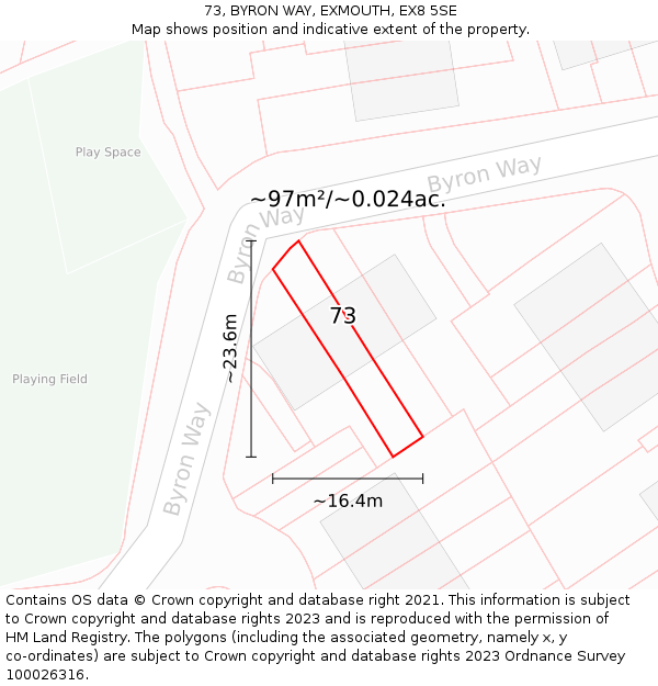 73, BYRON WAY, EXMOUTH, EX8 5SE: Plot and title map
