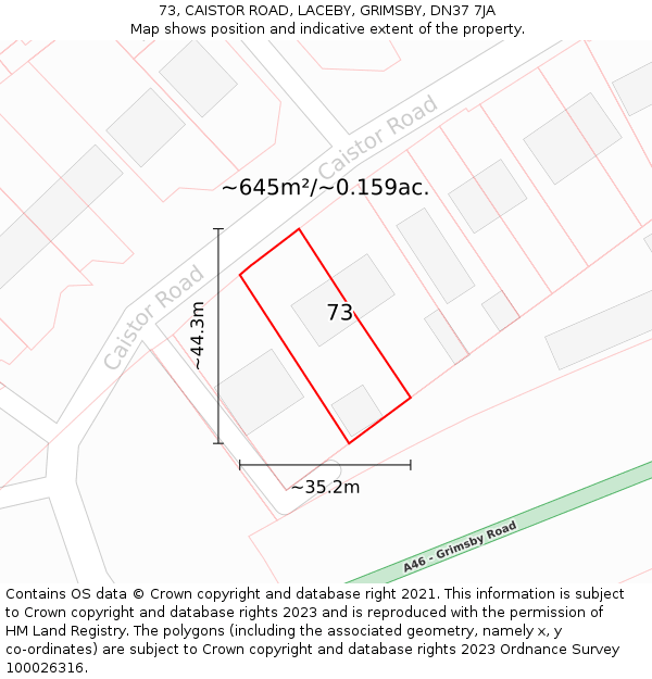 73, CAISTOR ROAD, LACEBY, GRIMSBY, DN37 7JA: Plot and title map