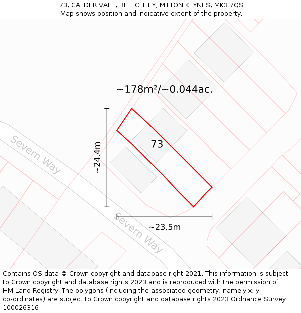 73, CALDER VALE, BLETCHLEY, MILTON KEYNES, MK3 7QS: Plot and title map