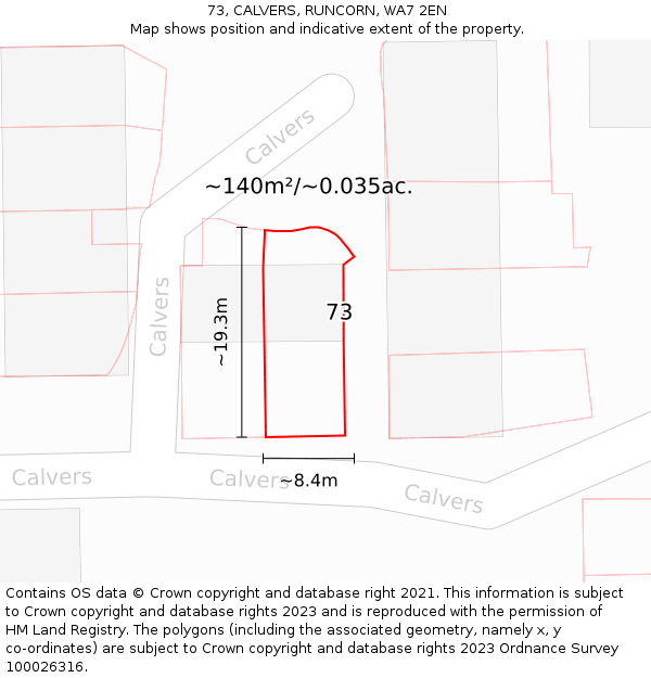 73, CALVERS, RUNCORN, WA7 2EN: Plot and title map