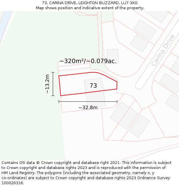 73, CARINA DRIVE, LEIGHTON BUZZARD, LU7 3XG: Plot and title map