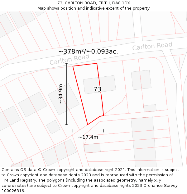 73, CARLTON ROAD, ERITH, DA8 1DX: Plot and title map