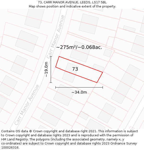 73, CARR MANOR AVENUE, LEEDS, LS17 5BL: Plot and title map