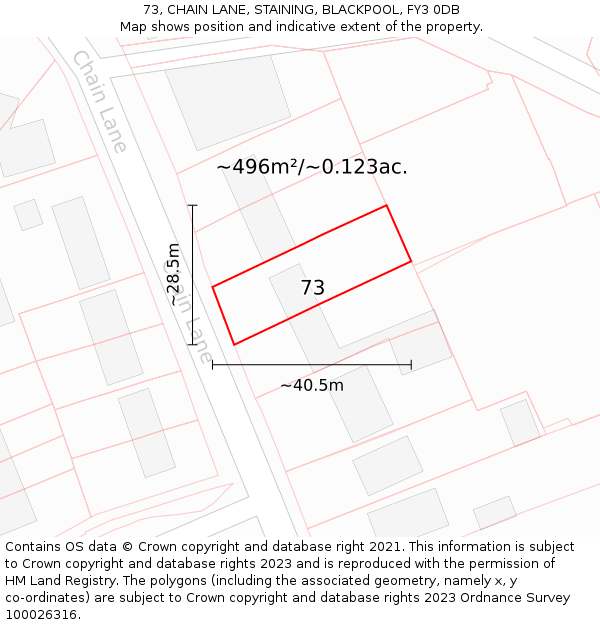 73, CHAIN LANE, STAINING, BLACKPOOL, FY3 0DB: Plot and title map