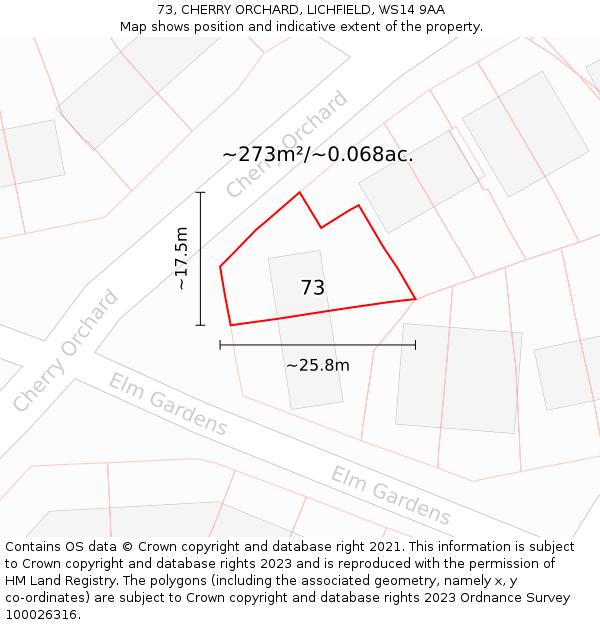 73, CHERRY ORCHARD, LICHFIELD, WS14 9AA: Plot and title map